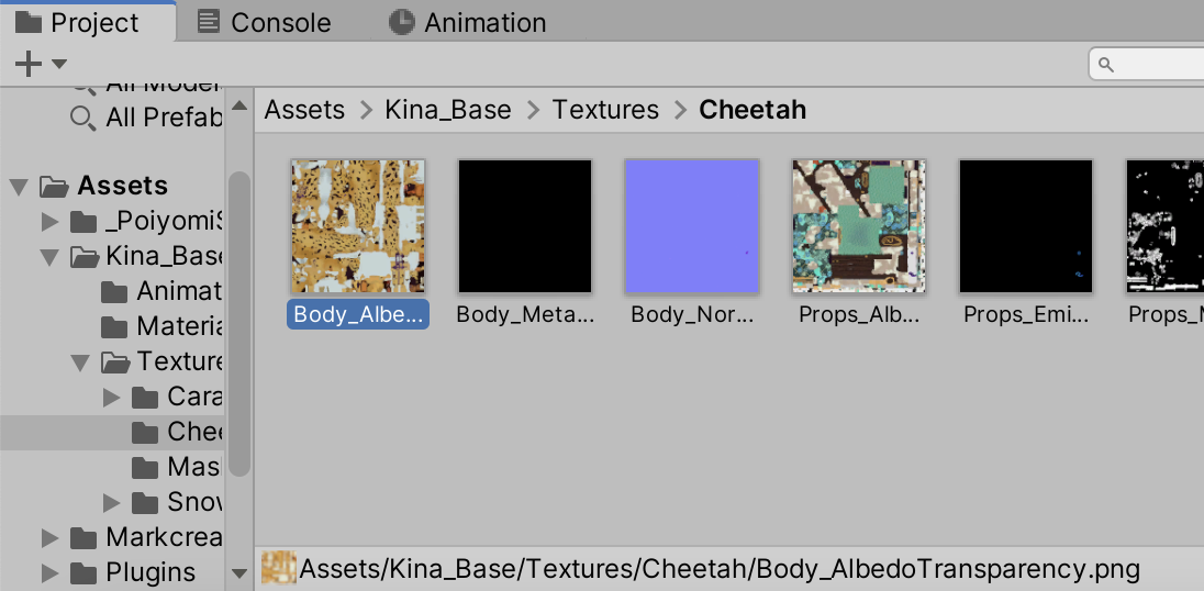 The highlighted Body_AlbedoTransparency texture in the Project file browser