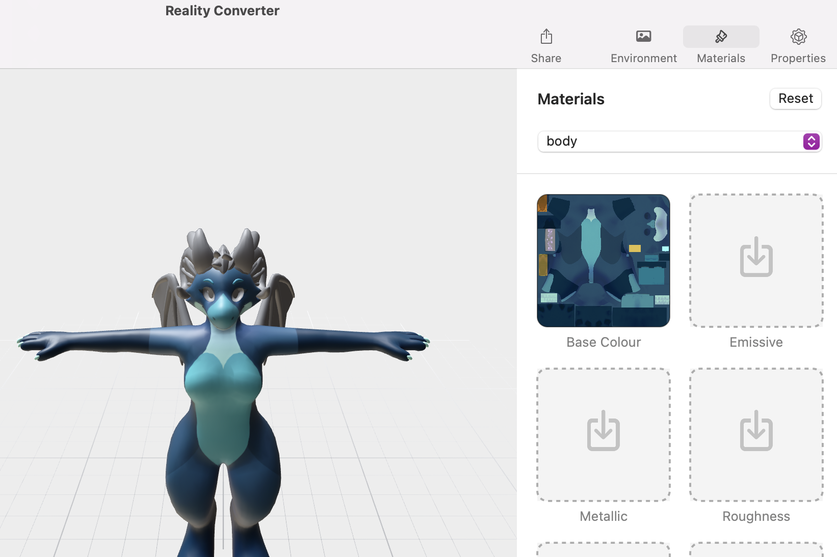 Reality Converter showing a blue dragon avatar with the body base colour applied